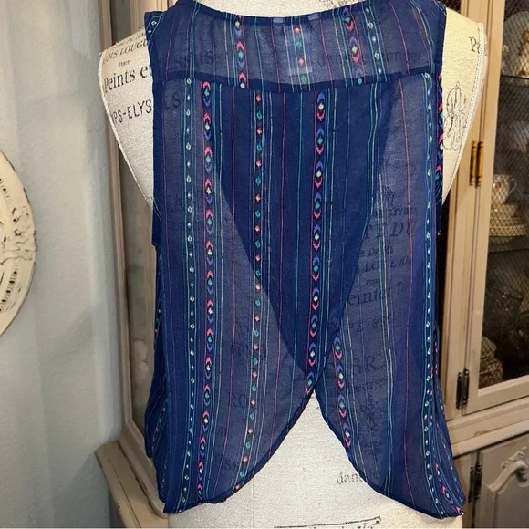 Boho Sheer Blue Patterned Sleeveless Top Forever 21 large - Picture 2 of 7